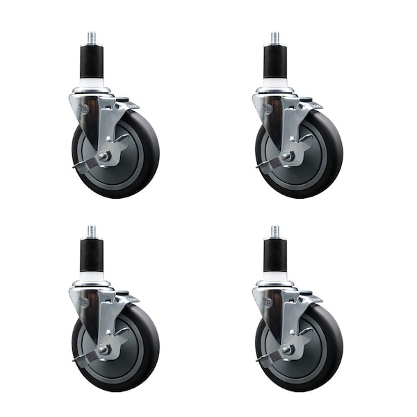 5'' SS Thermoplastic Rubber Swivel 1-1/2'' Expanding Stem Caster Set with Brake, 4PK